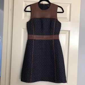 Women’s Theory Brown Leather and Navy Blue Tweed Dress 2